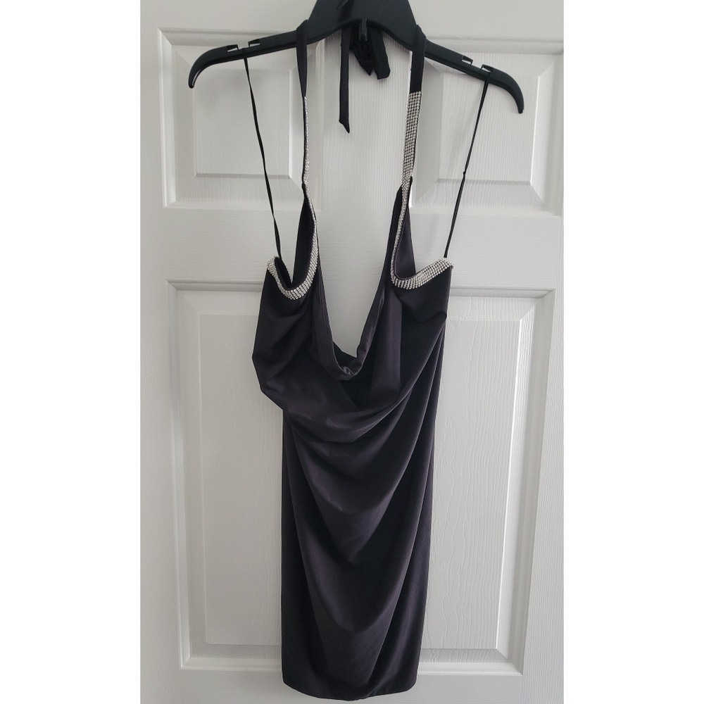 Elegant Black Halter Dress with Rhinestone Straps